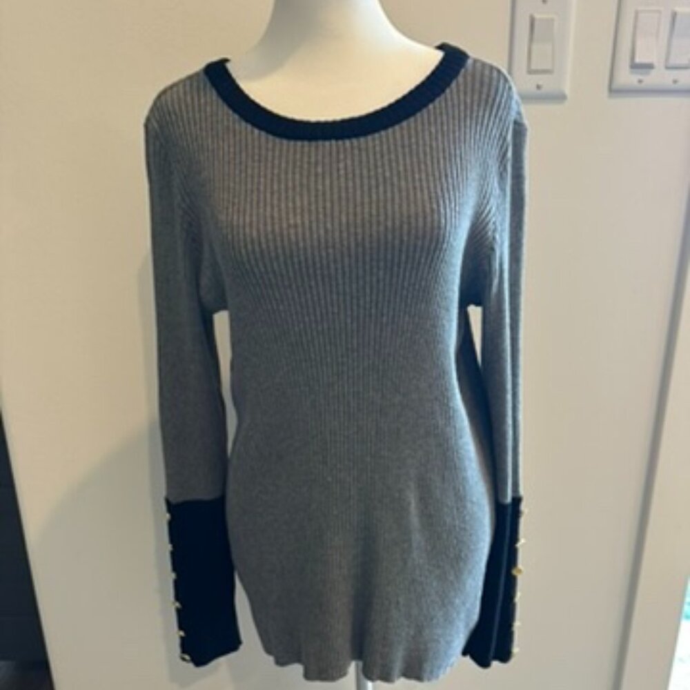 Ladies Grey and Black sweater fitted with gold accent buttons on sleeves